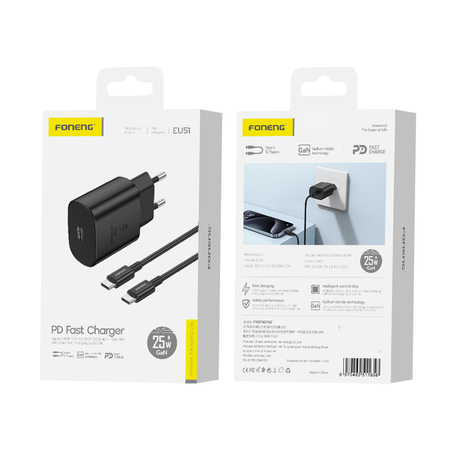 FONENG Netz-Ladegerät EU51 GaN PD 25W 1xUSB-C + Kabel USB-C - USB-C schwarz