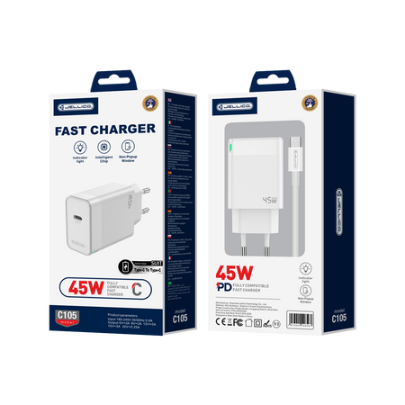 JELLICO Netz-Ladegerät C105 GaN PD 45W 1xUSB-C + Kabel USB-C - USB-C weiss